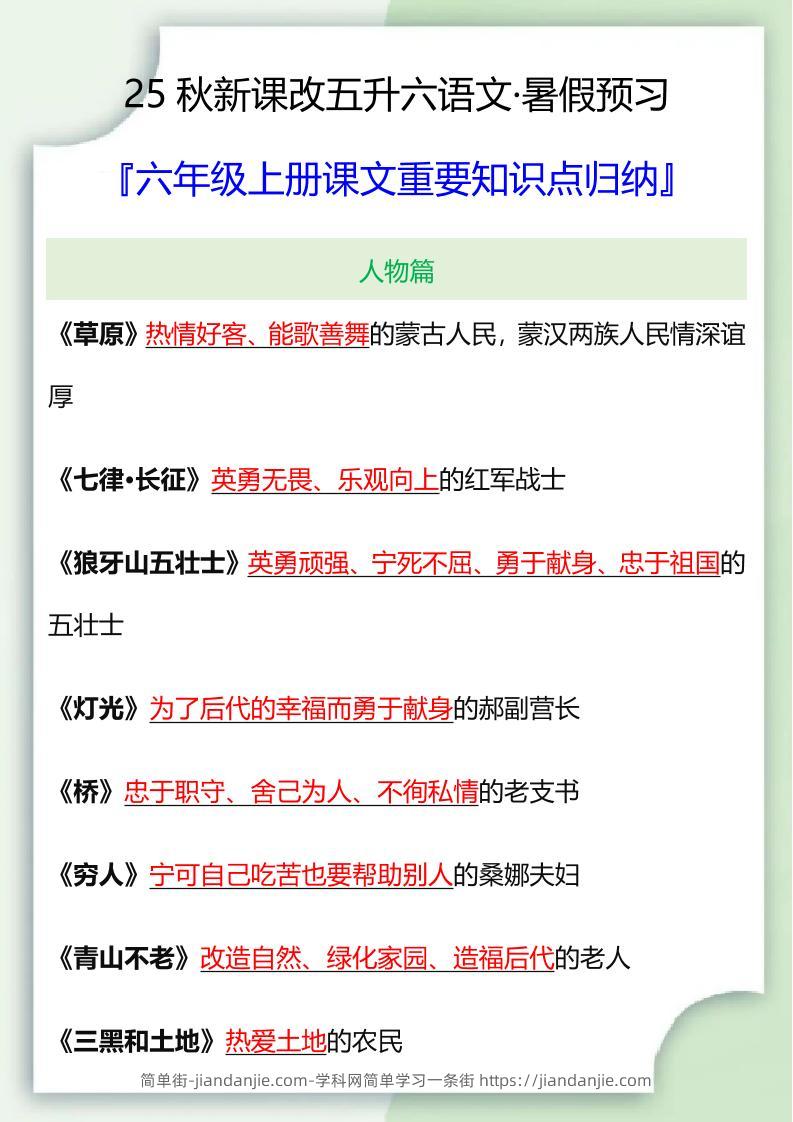 【2025秋新版】六年级语文上册课文重要知识点归纳-简单街-jiandanjie.com
