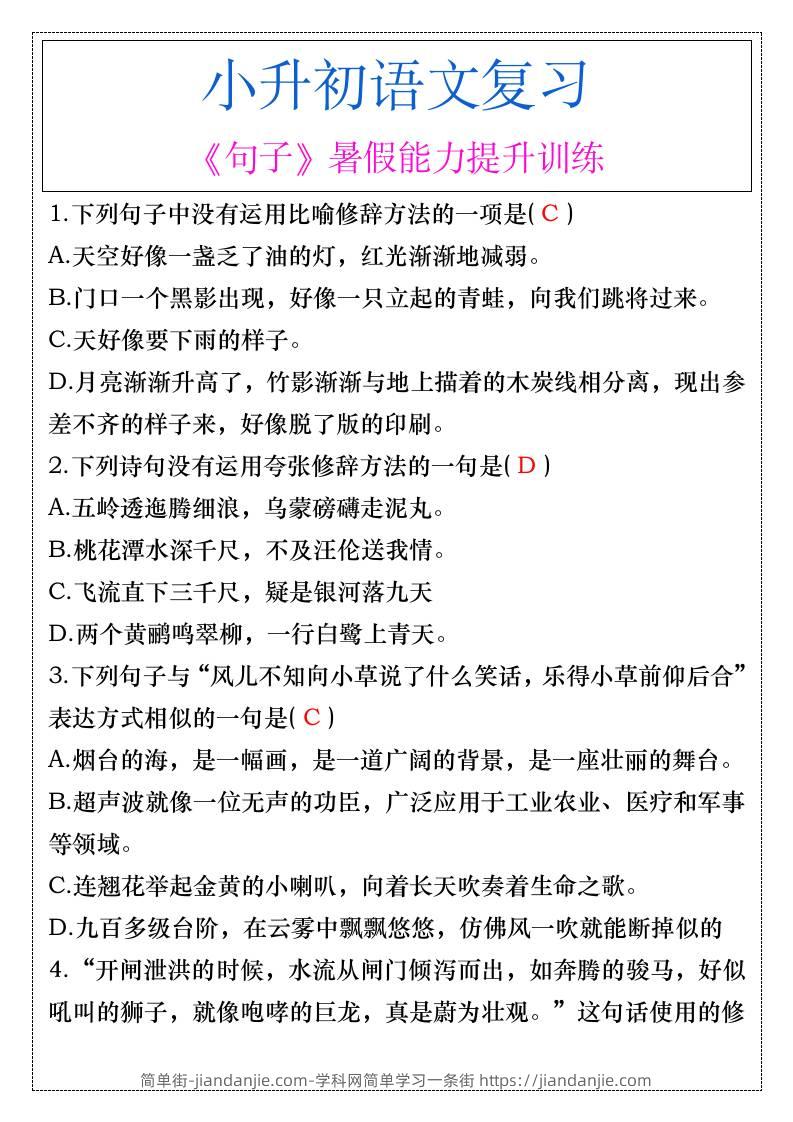 小升初语文《句子》暑假能力提升训练-小升初语文-简单街-jiandanjie.com