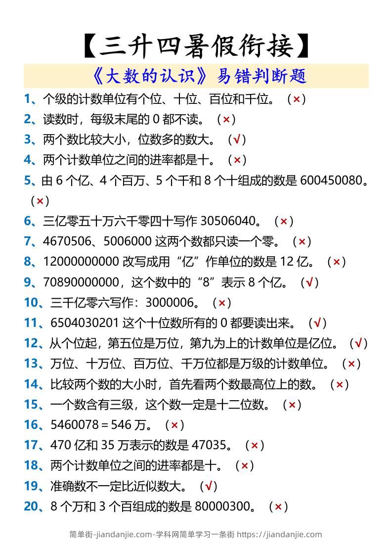 【三升四暑假衔接】《大数的认识》易错判断题-四上数学-简单街-jiandanjie.com
