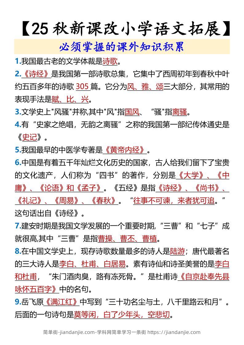 【2025秋新版】【小学语文拓展】必须掌握的课外知识积累-六上语文-简单街-jiandanjie.com