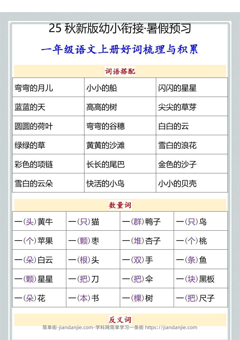 【2025秋新版】幼小衔接一年级语文上册好词梳理与积累-简单街-jiandanjie.com