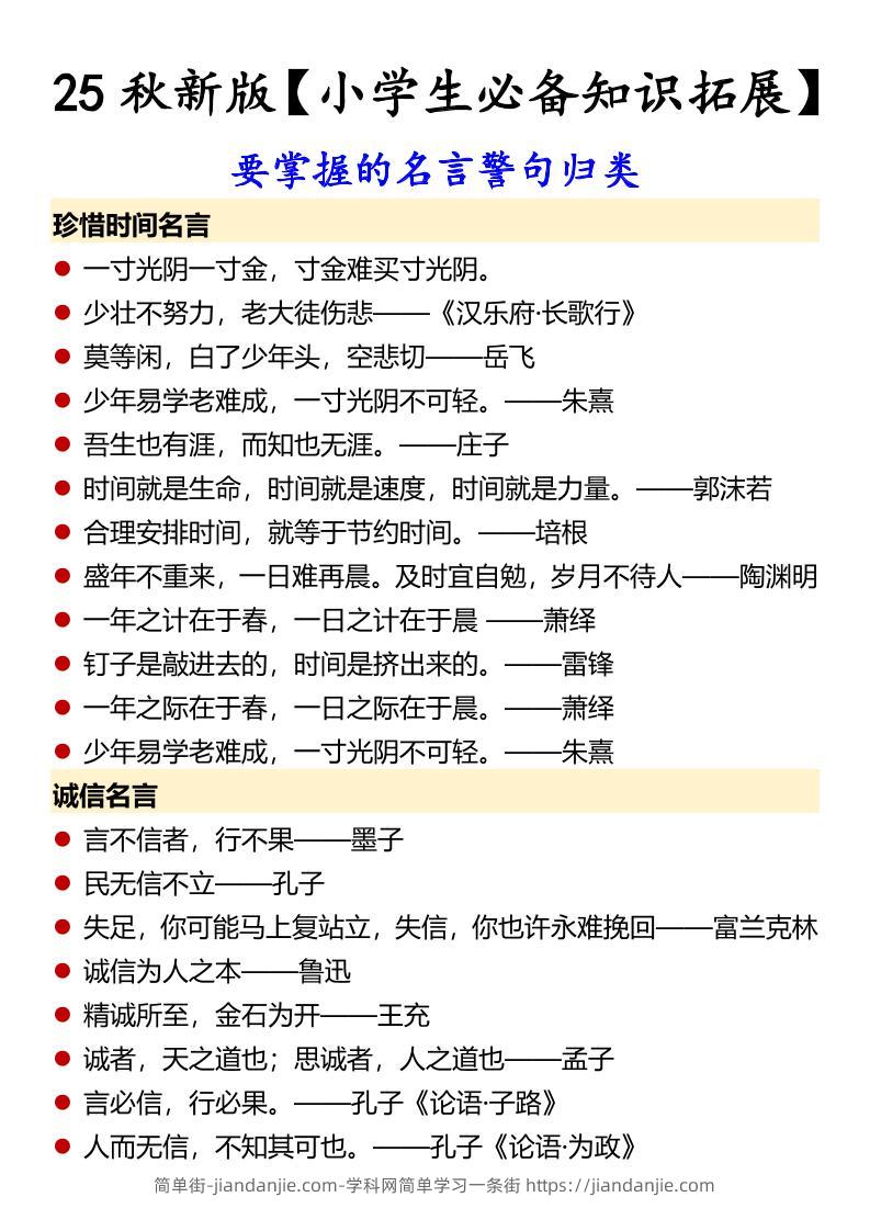 【2025秋新版】【小学生必备知识拓展】要掌握的名言警句归类-六上语文-简单街-jiandanjie.com