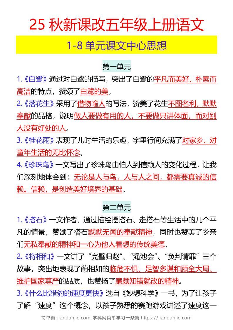 【2025秋新版】五年级上册语文1-8单元课文中心思想-简单街-jiandanjie.com