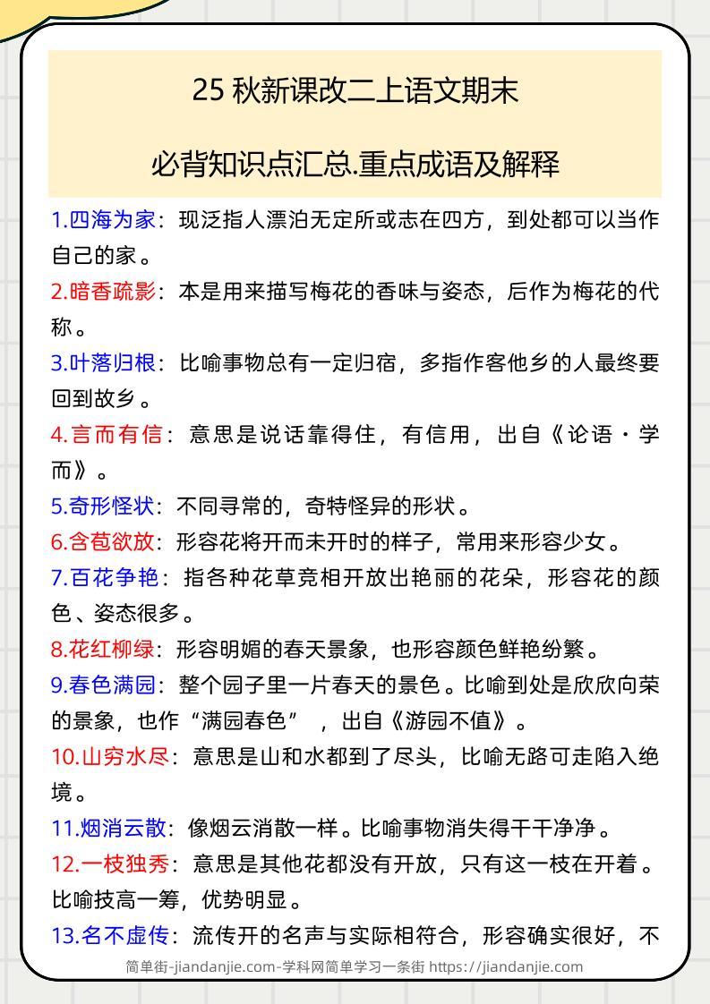 【2025秋新版】二上语文期末必背知识点汇总.重点成语及解释-简单街-jiandanjie.com