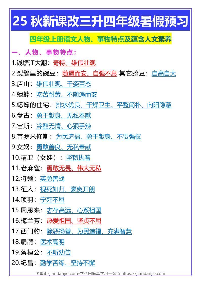 【2025秋新版】四年级上册语文人物、事物特点及蕴含人文素养-简单街-jiandanjie.com