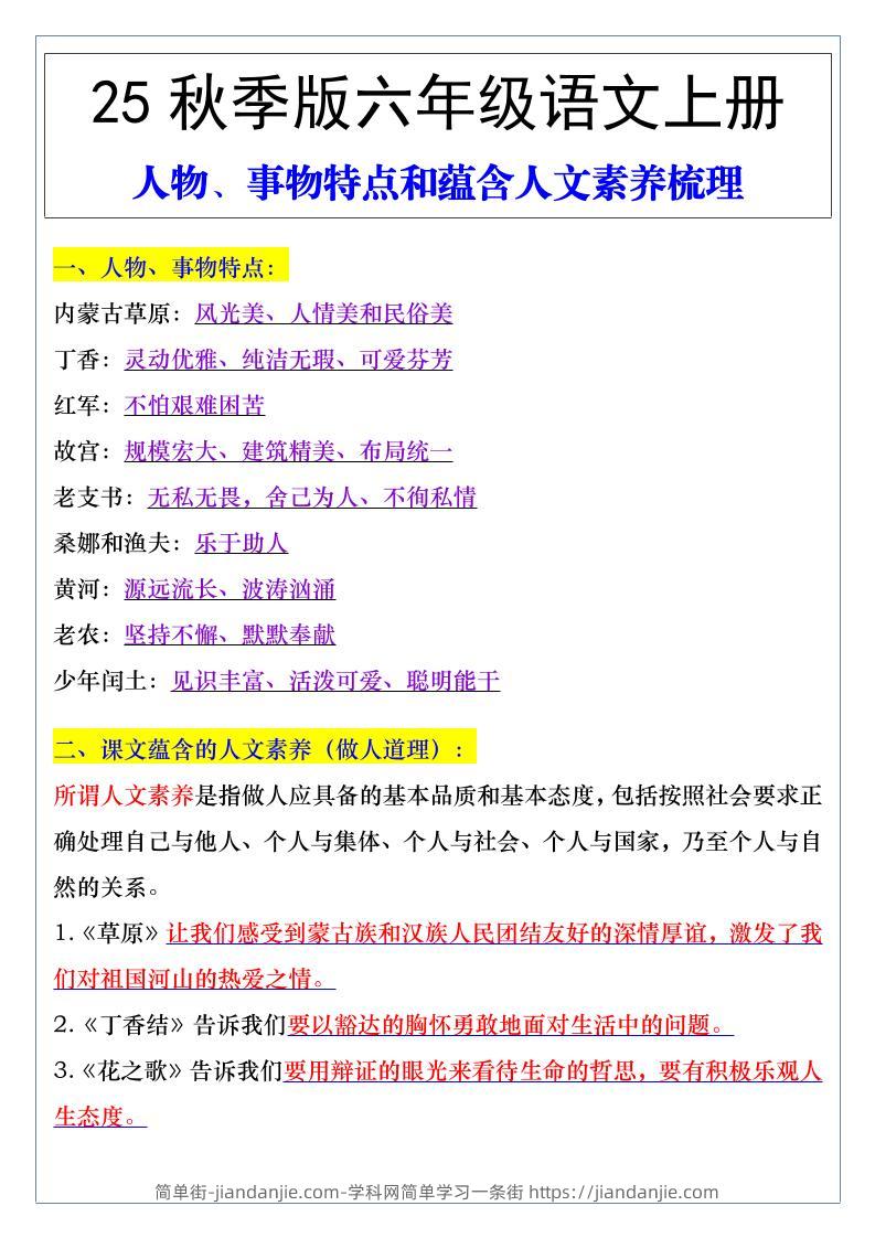 【2025秋新版】六年级语文上册人物、事物特点和蕴含人文素养梳理-简单街-jiandanjie.com