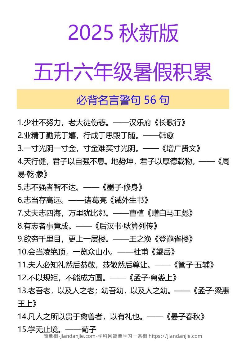 【2025秋新版】五升六年级暑假积累必背名言警句56句-六上语文-简单街-jiandanjie.com