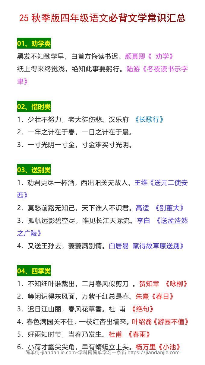 【2025秋新版】四年级语文上册必背文学常识汇总-简单街-jiandanjie.com