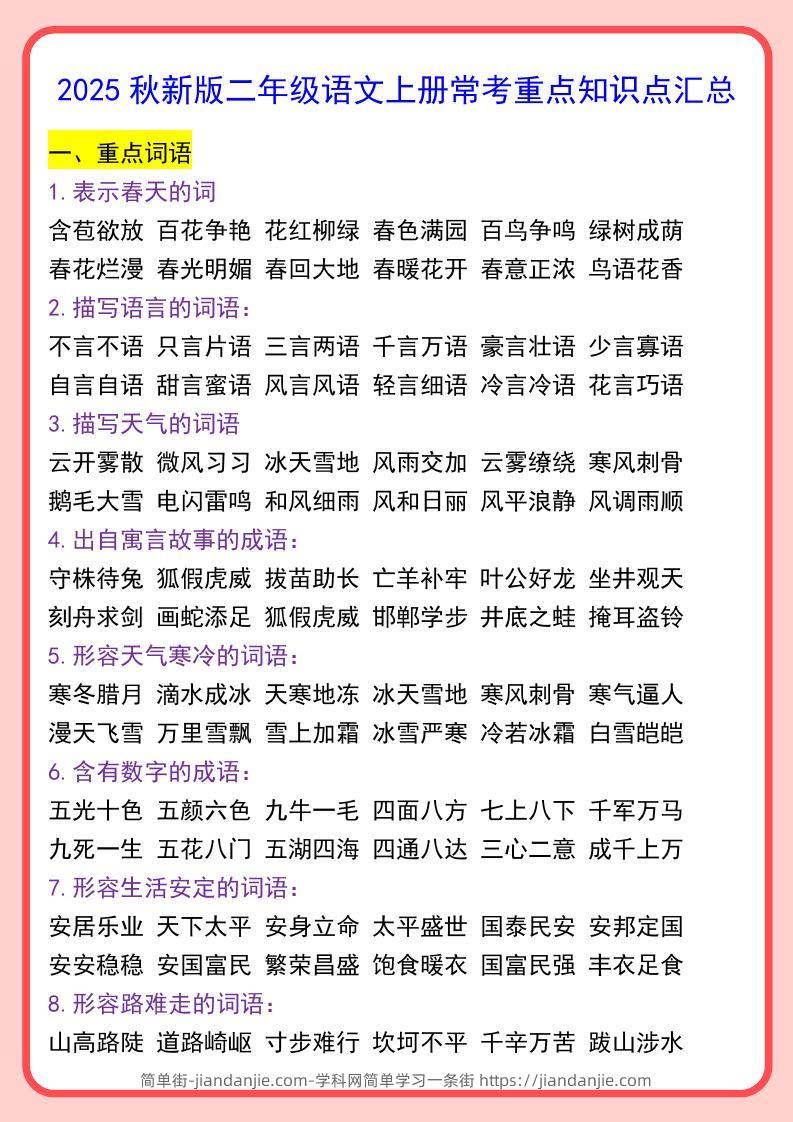 【2025秋新版】二年级语文上册常考重点知识点汇总-简单街-jiandanjie.com