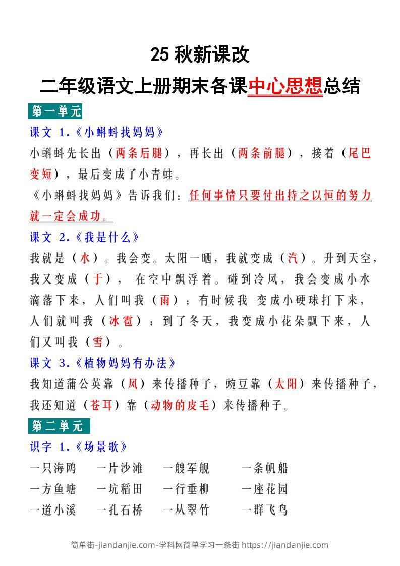 【2025秋新版】二年级语文上册期末各课中心思想总结-简单街-jiandanjie.com