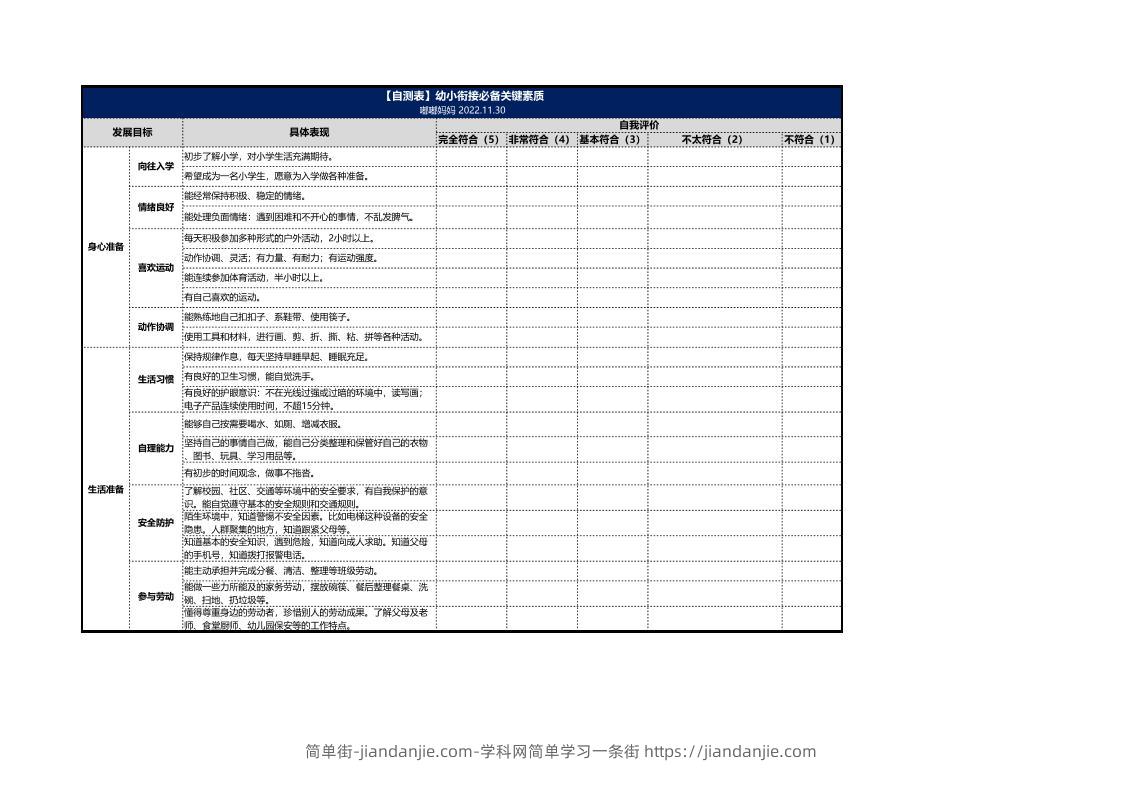 【自测表】幼小衔接语文必备关键素质（打印）-简单街-jiandanjie.com