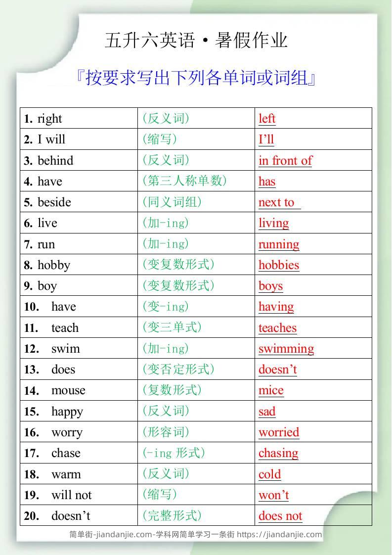 五升六英语暑假作业之按要求写出下列各单词或词组-六上英语-简单街-jiandanjie.com