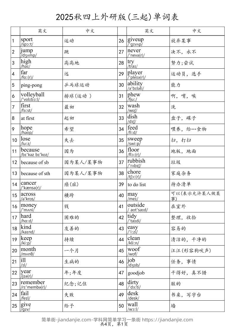 2025秋四上英语外研版(三起)单词表-简单街-jiandanjie.com