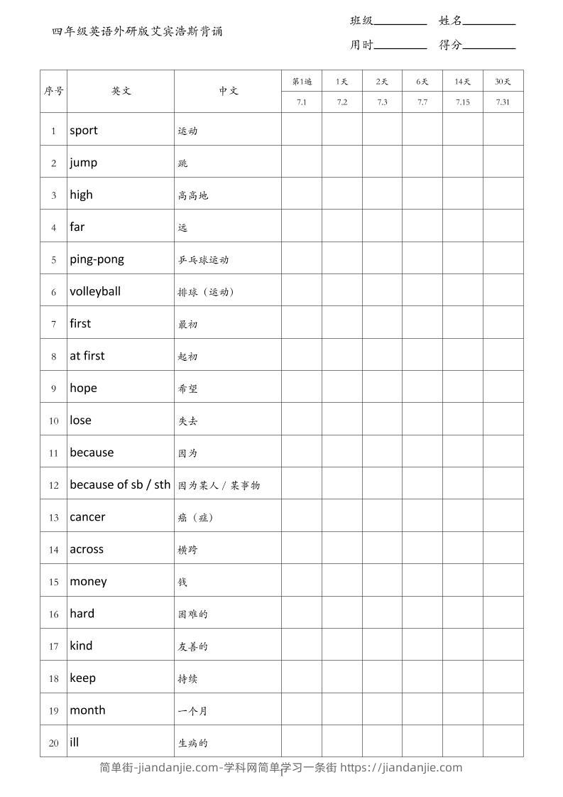 四年级英语外研版艾宾浩斯背诵-四上英语-简单街-jiandanjie.com