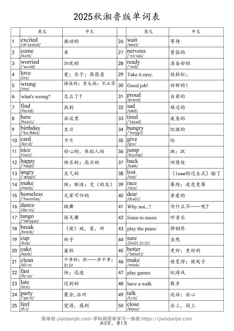 2025秋四上英语湘鲁版单词表-简单街-jiandanjie.com