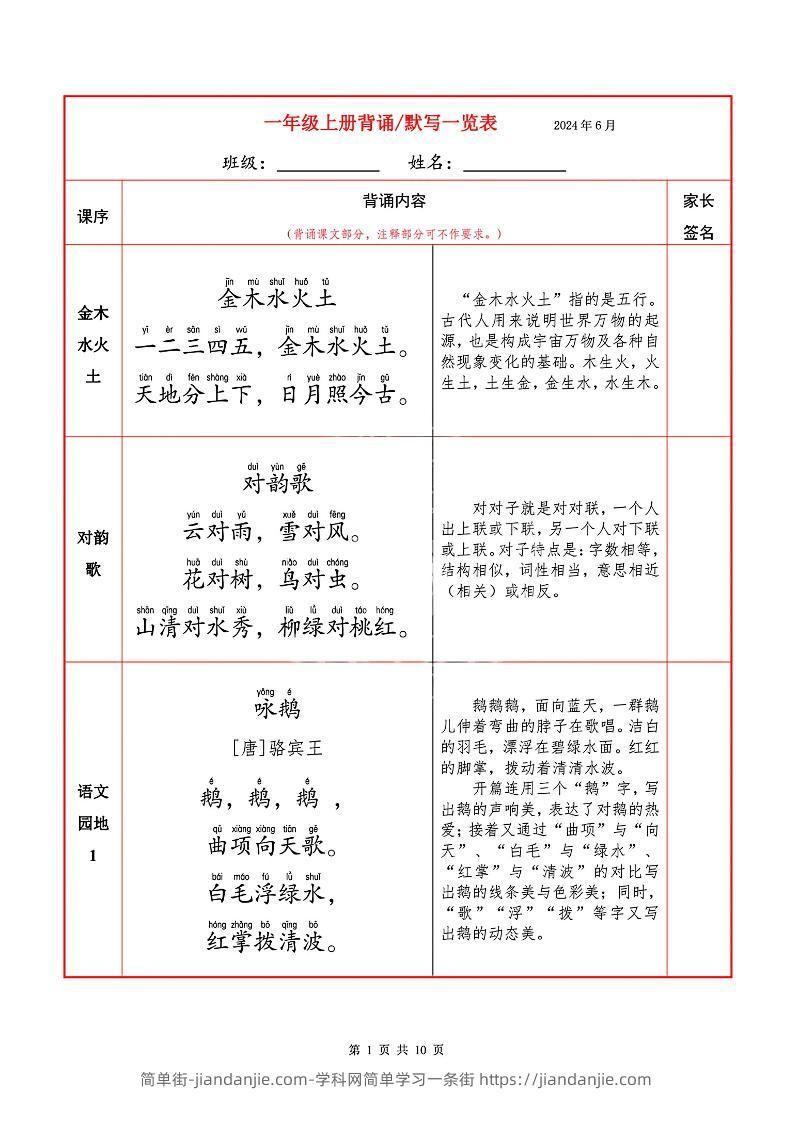 一上语文必背内容+默写表-简单街-jiandanjie.com