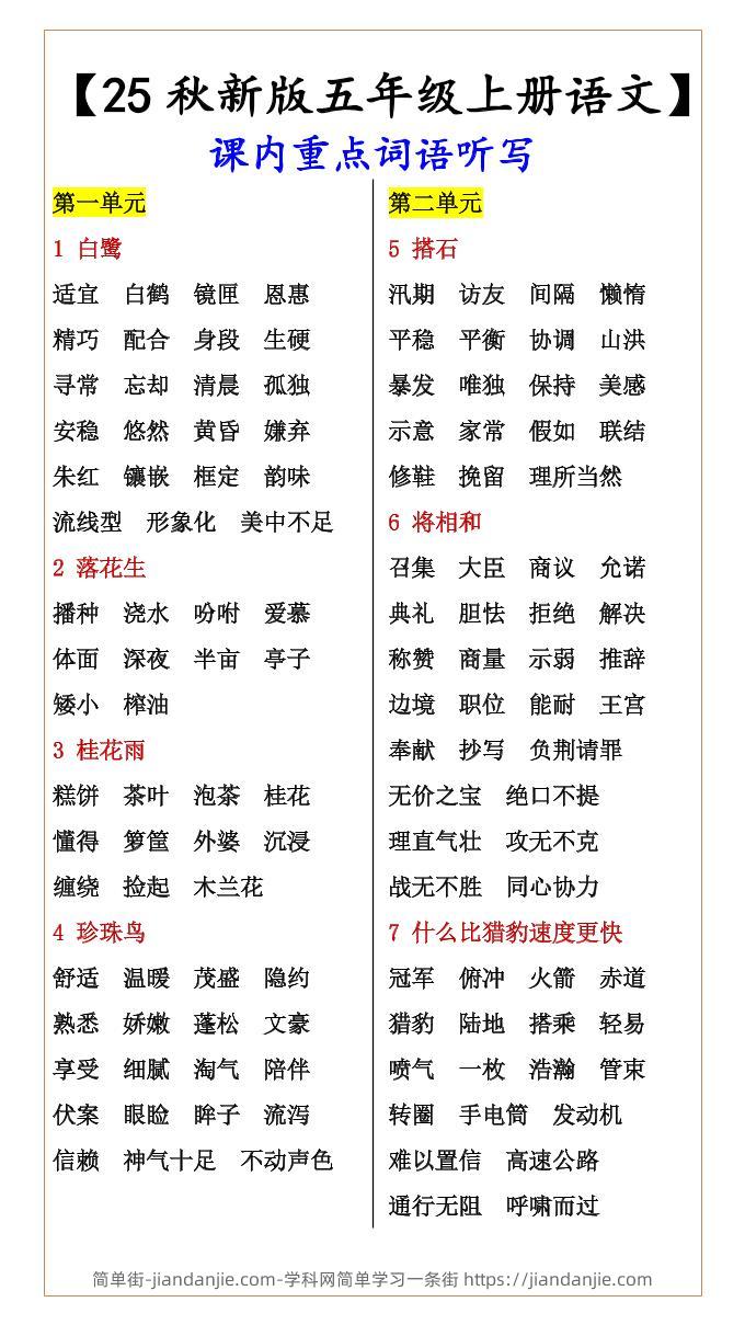 【2025秋新版】【五年级上册语文】课内重点词语听写-简单街-jiandanjie.com