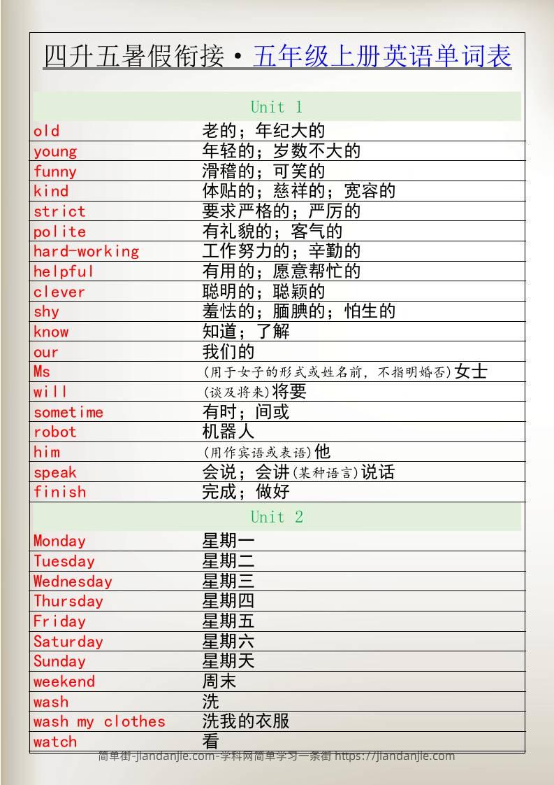 四升五暑假衔接五年级上册英语单词表-五上英语-简单街-jiandanjie.com