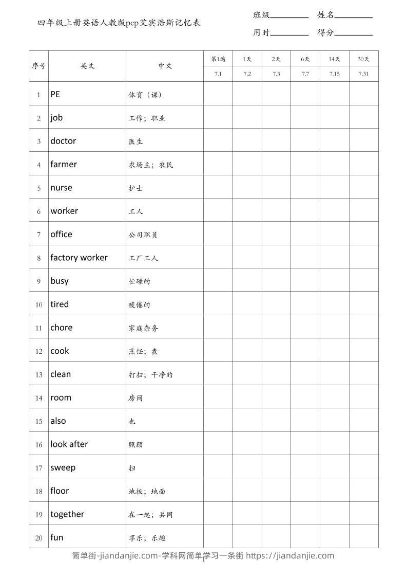 四年级上册英语人教版pep艾宾浩斯记忆表-简单街-jiandanjie.com