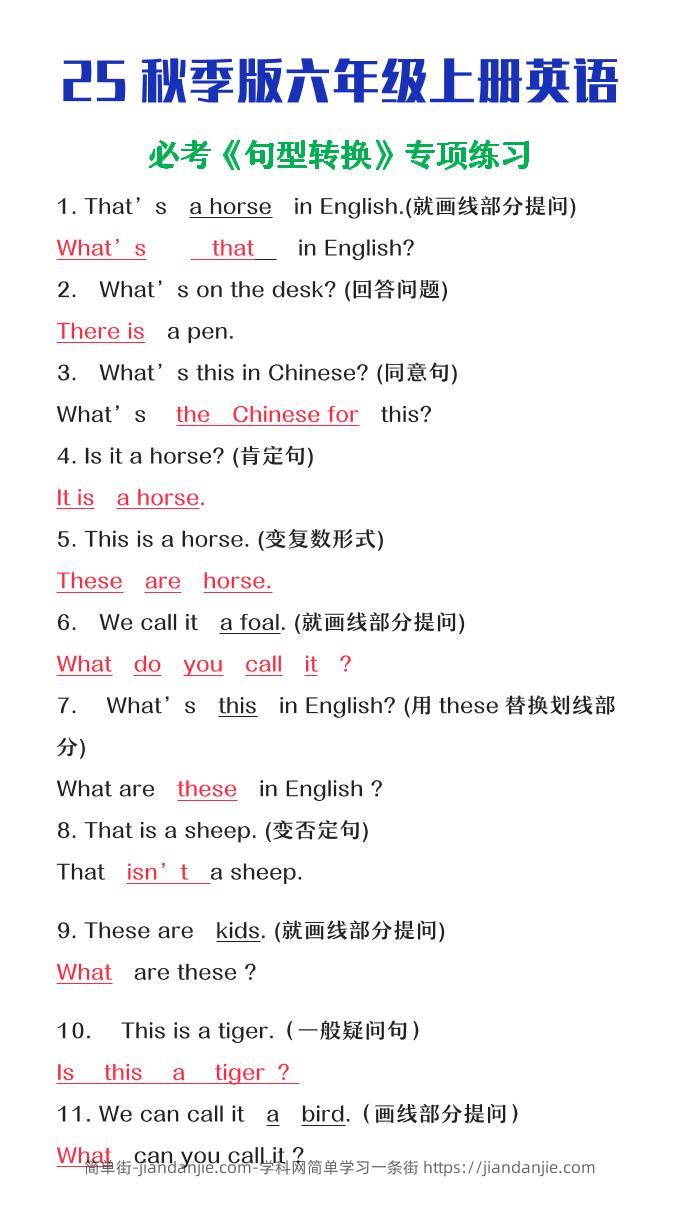 【2025秋新版】六年级上册英语必考句型转换-简单街-jiandanjie.com