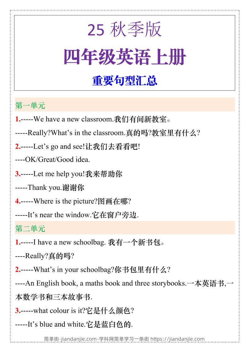 【2025秋新版】四年级英语上册重要句型汇总-简单街-jiandanjie.com