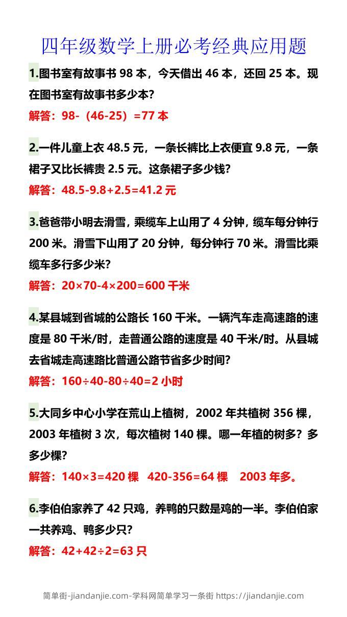 【2025秋新版】四年级数学上册必考经典应用题-简单街-jiandanjie.com