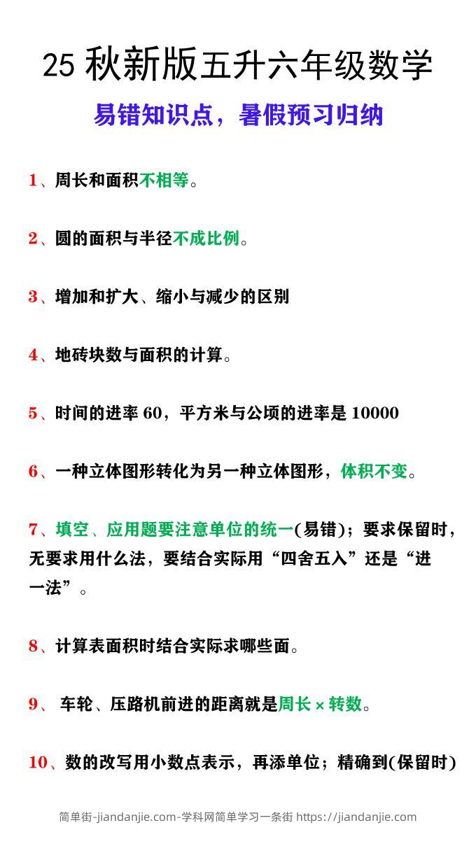 【2025秋新版】五升六年级上册数学易错知识点，暑假预习归纳-简单街-jiandanjie.com