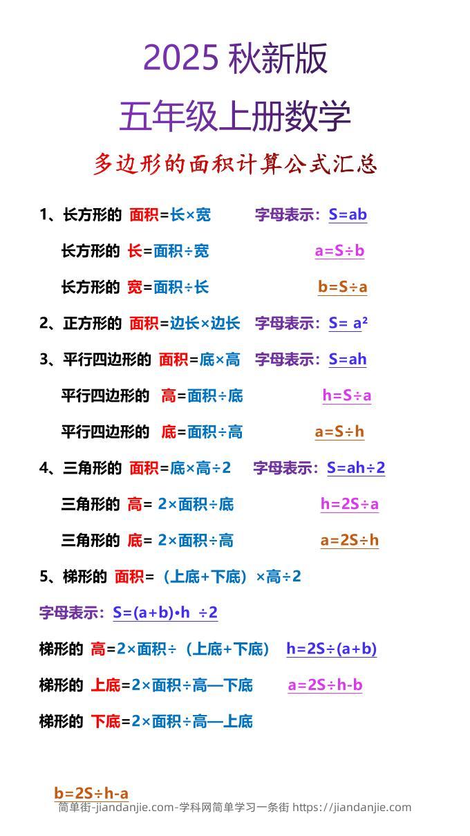 【2025秋新版】五年级上册数学多边形的面积计算公式汇总-简单街-jiandanjie.com