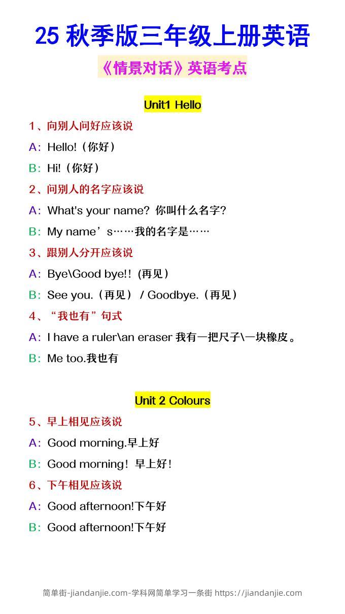 【2025秋新版】三年级上册英语《情景对话》英语考点-简单街-jiandanjie.com