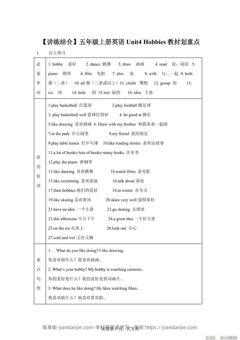 【单元热点难点】译林版（三起）英语五年级上册Unit4Hobbies教材划重点-简单街-jiandanjie.com