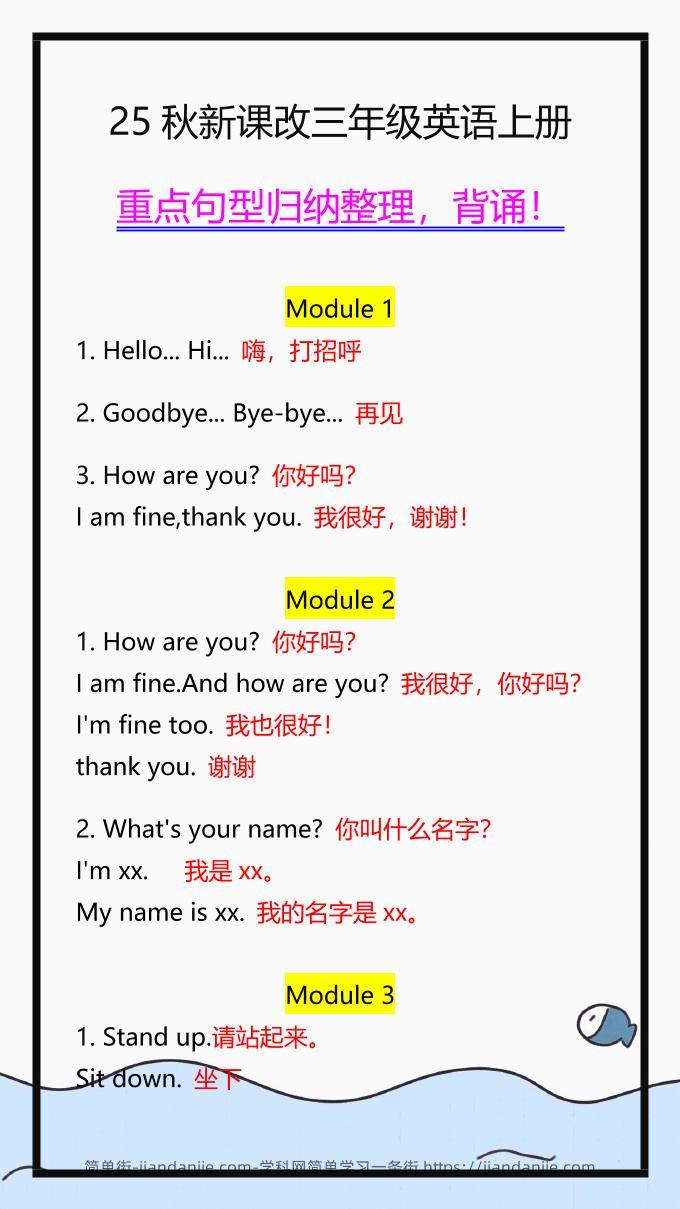 【2025秋新版】三年级英语上册重点句型归纳整理-简单街-jiandanjie.com