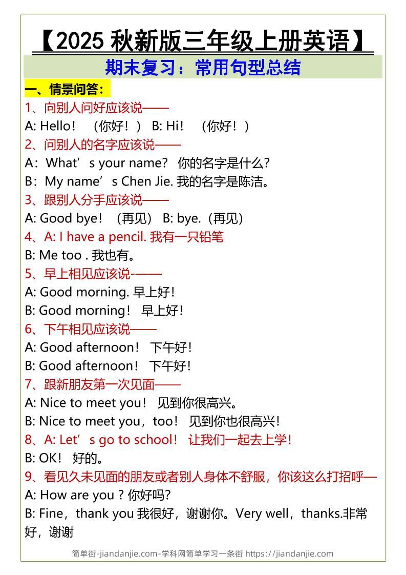 【2025秋新版】三年级上册英语期末复习：常用句型总结-简单街-jiandanjie.com