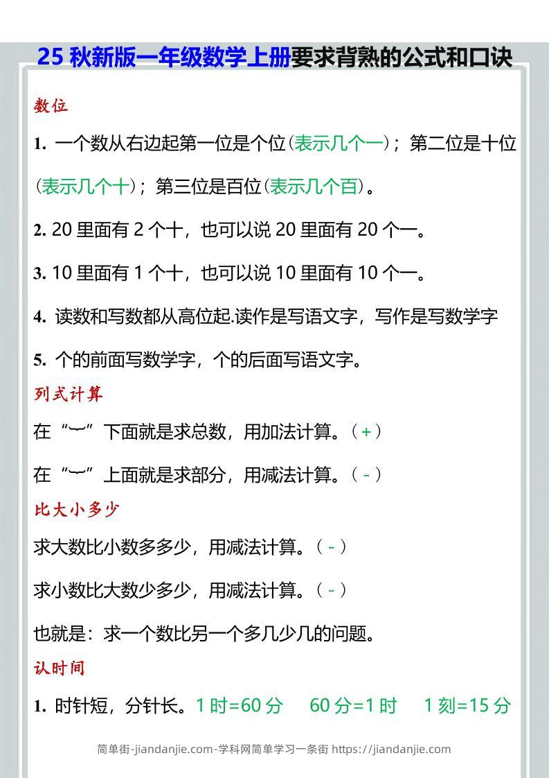 【2025秋新版】一年级数学上册要求背熟的公式和口诀-简单街-jiandanjie.com