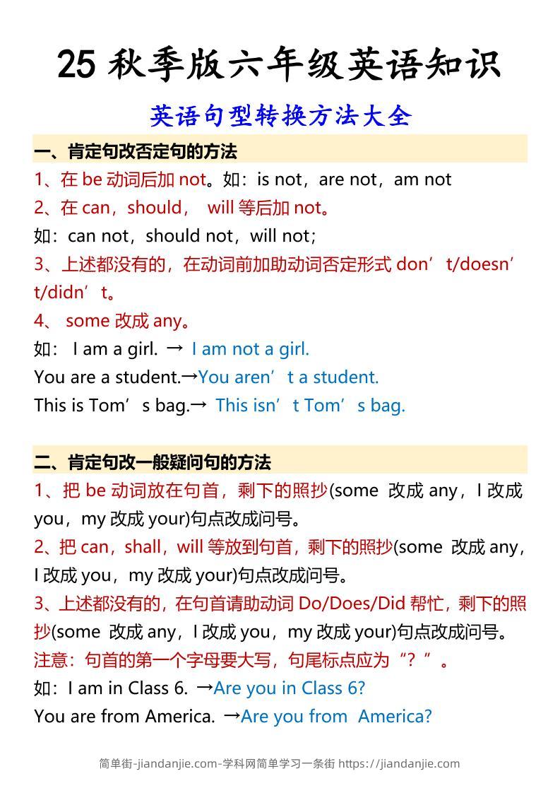 【2025秋新版】六年级上册英语英语句型转换方法大全-简单街-jiandanjie.com