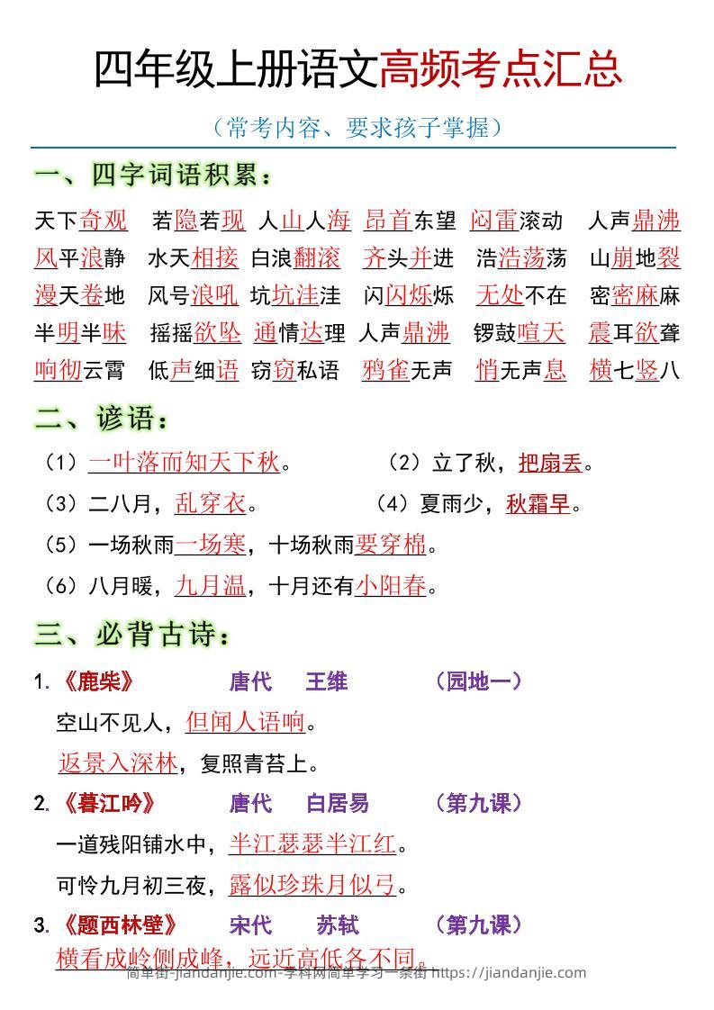 全册高频考点归类（节选）】四上语文-简单街-jiandanjie.com