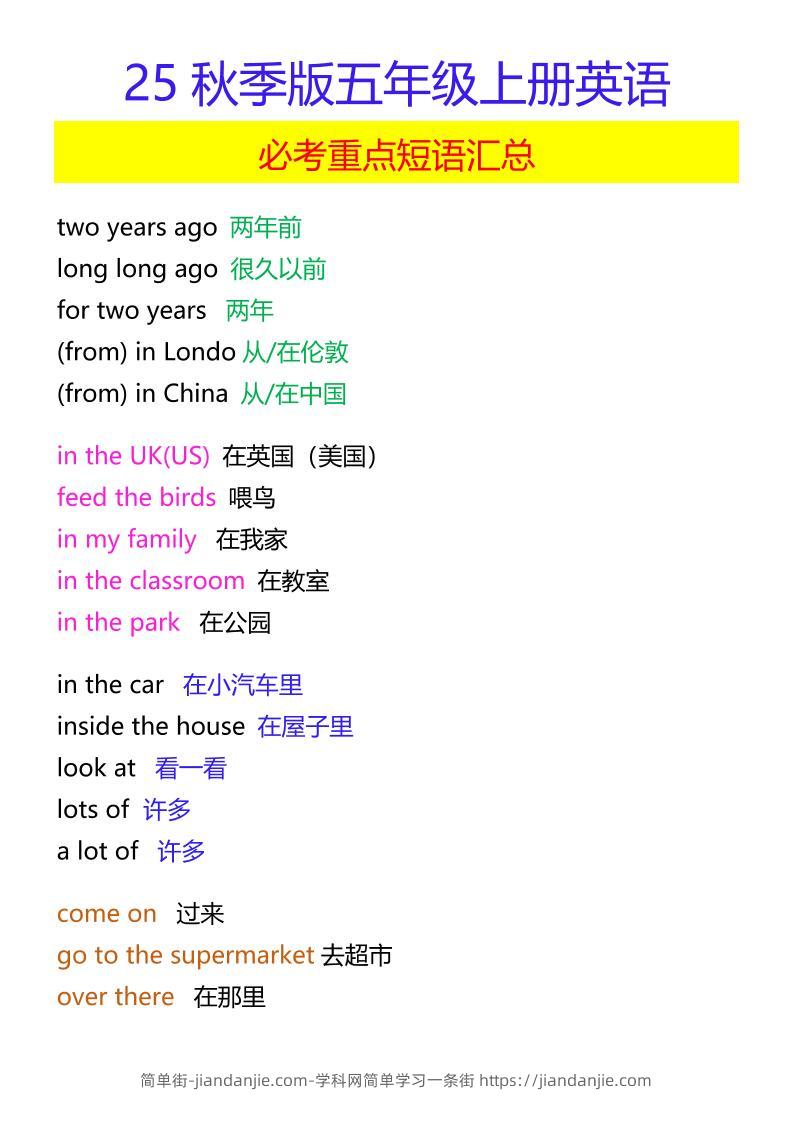 【2025秋新版】五年级上册英语必考重点短语汇总-简单街-jiandanjie.com