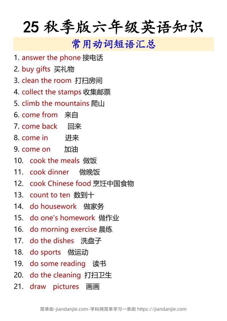 【2025秋新版】六年级上册英语常用动词短语汇总-简单街-jiandanjie.com