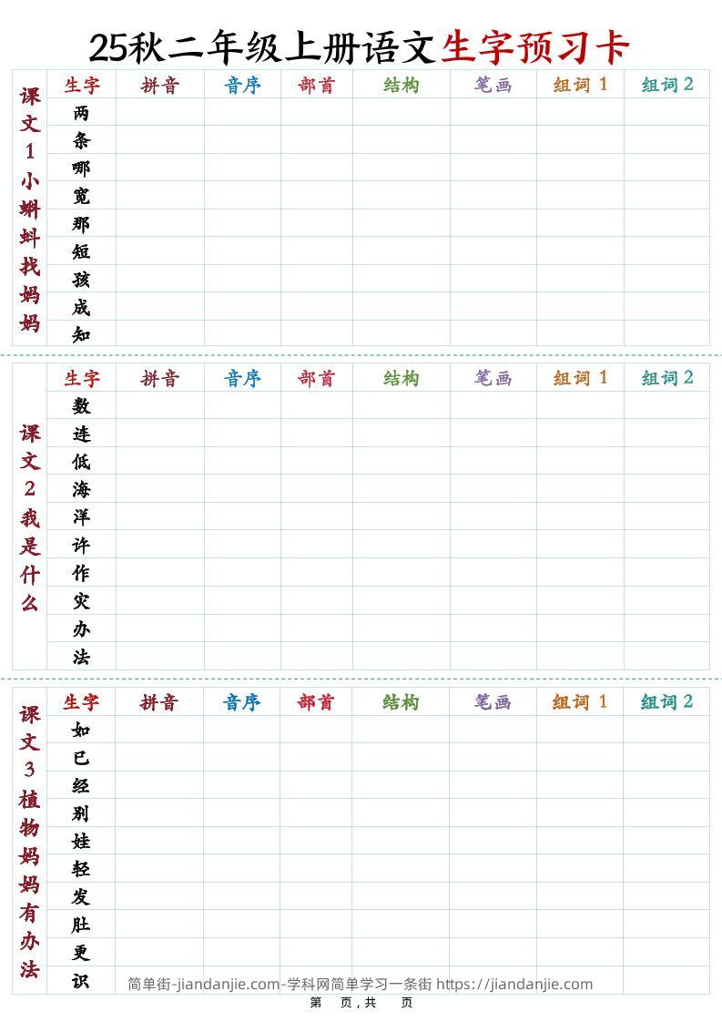 25秋新二上语文生字预习卡（11页）-简单街-jiandanjie.com
