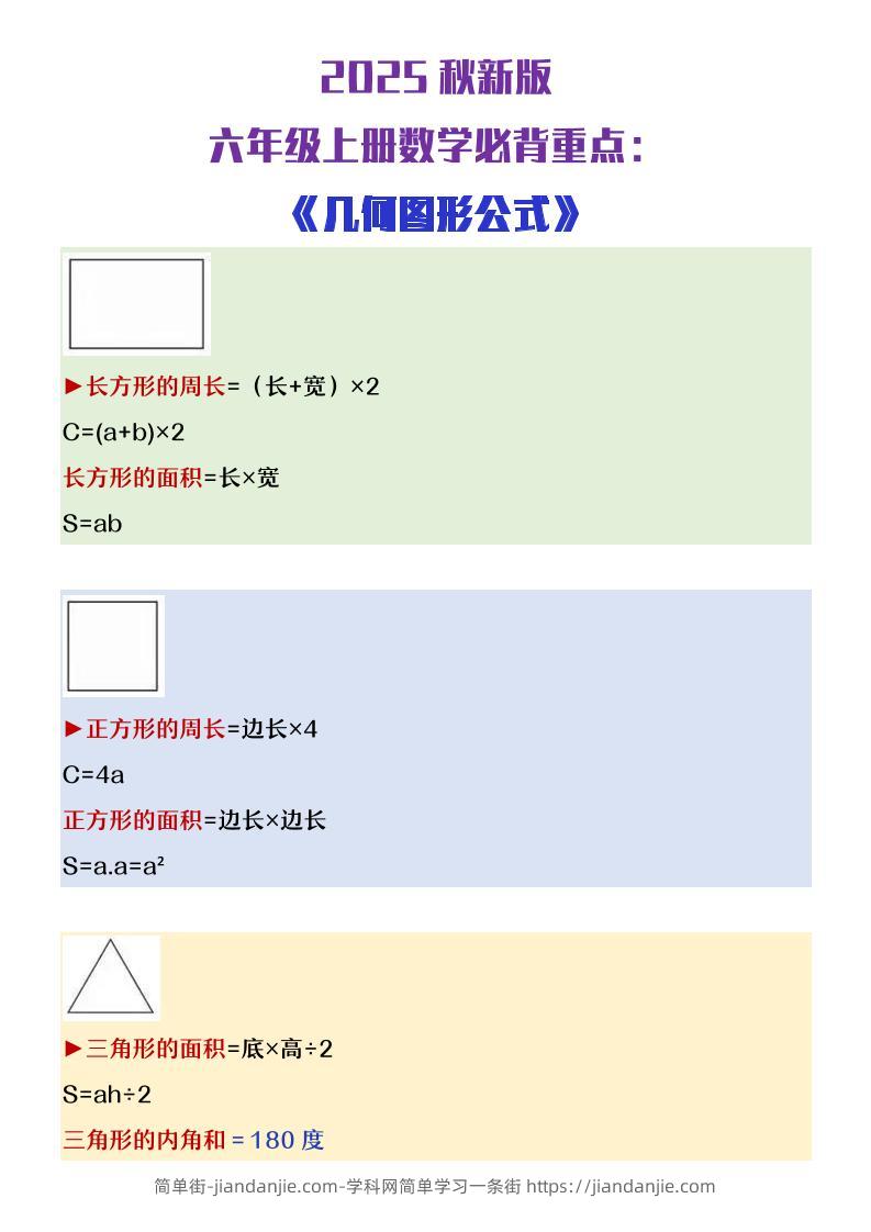 【2025秋新版】六年级上册数学必背几何图形公式大全-简单街-jiandanjie.com