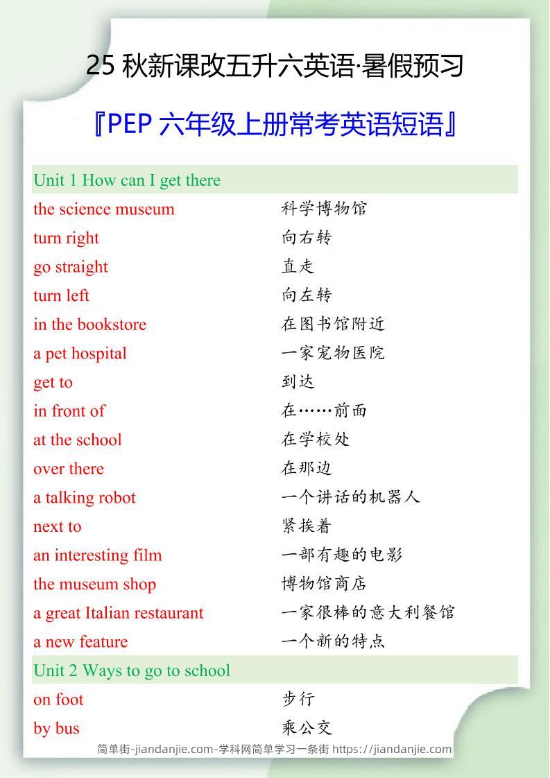 【2025秋新版】六年级上册常考英语短语-简单街-jiandanjie.com