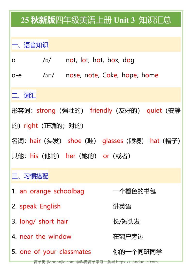 【2025秋新版】PEP版四年级英语上册Unit3知识汇总-简单街-jiandanjie.com