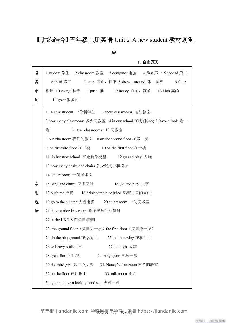 【单元热点难点】译林版（三起）英语五年级上册Unit2Anewstudent教材划重点-简单街-jiandanjie.com