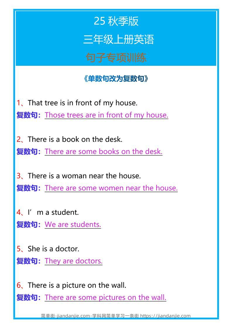 【2025秋新版】三年级上册英语句子专项训练-简单街-jiandanjie.com