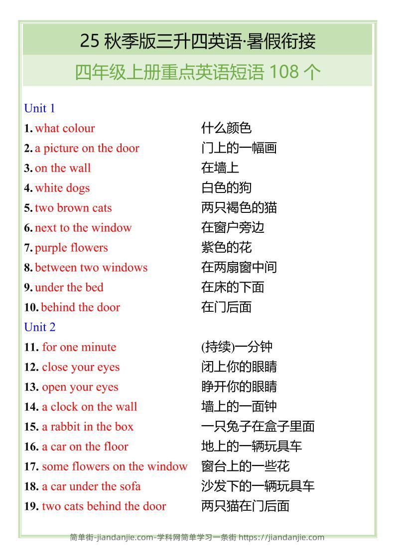 【2025秋新版】四年级上册重点英语短语汇总-简单街-jiandanjie.com