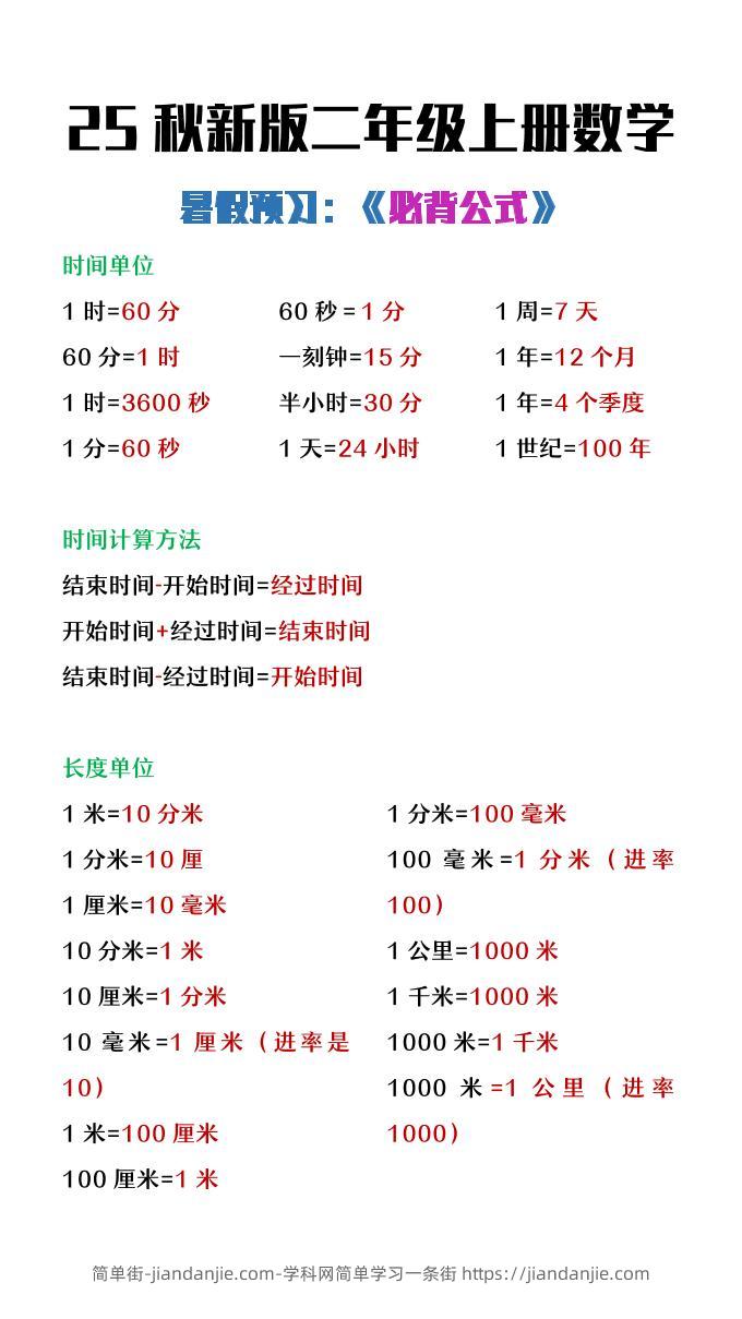 【2025秋新版】二年级上册数学暑假必背公式-简单街-jiandanjie.com