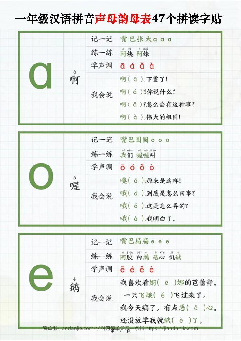 一年级汉语拼音声母韵母表47个拼读字贴（16页）-简单街-jiandanjie.com