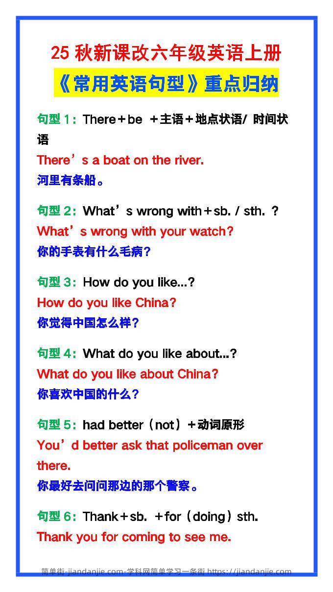 【2025秋新版】六年级英语上册《常用英语句型》重点归纳，提分必备!-简单街-jiandanjie.com