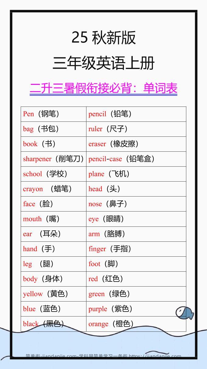 【2025秋新版】三年级英语上册单词表-简单街-jiandanjie.com