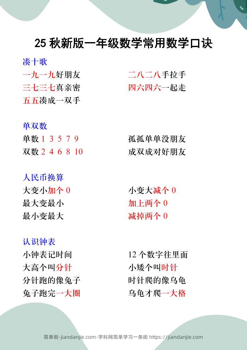 【2025秋新版】一年级数学常用数学口诀-一上数学-简单街-jiandanjie.com