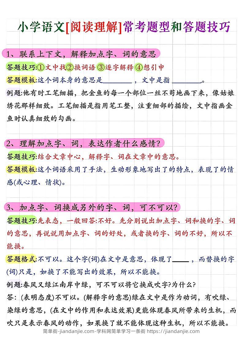 小学阅读理解常考题型答题技巧-小升初语文-简单街-jiandanjie.com